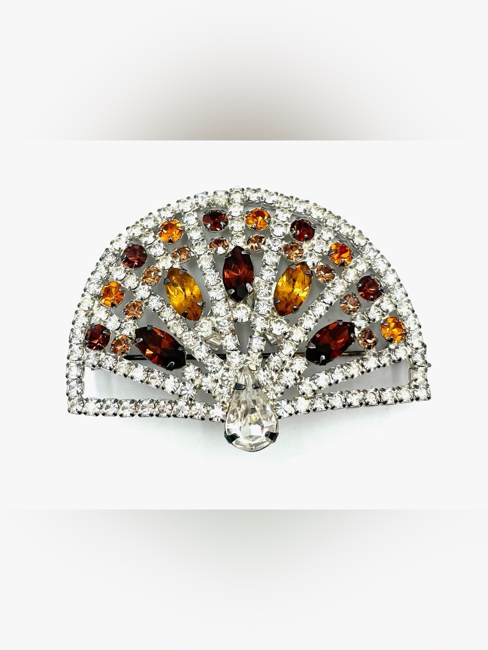 Amber & Clear Rhinestone Fan Brooch